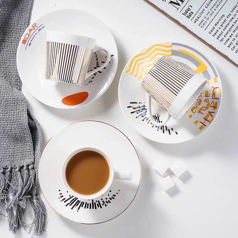 Wholesale Personalized Customized Pattern Mirror Luxury Reflection Ceramic Coffee Tea Cups and Saucer