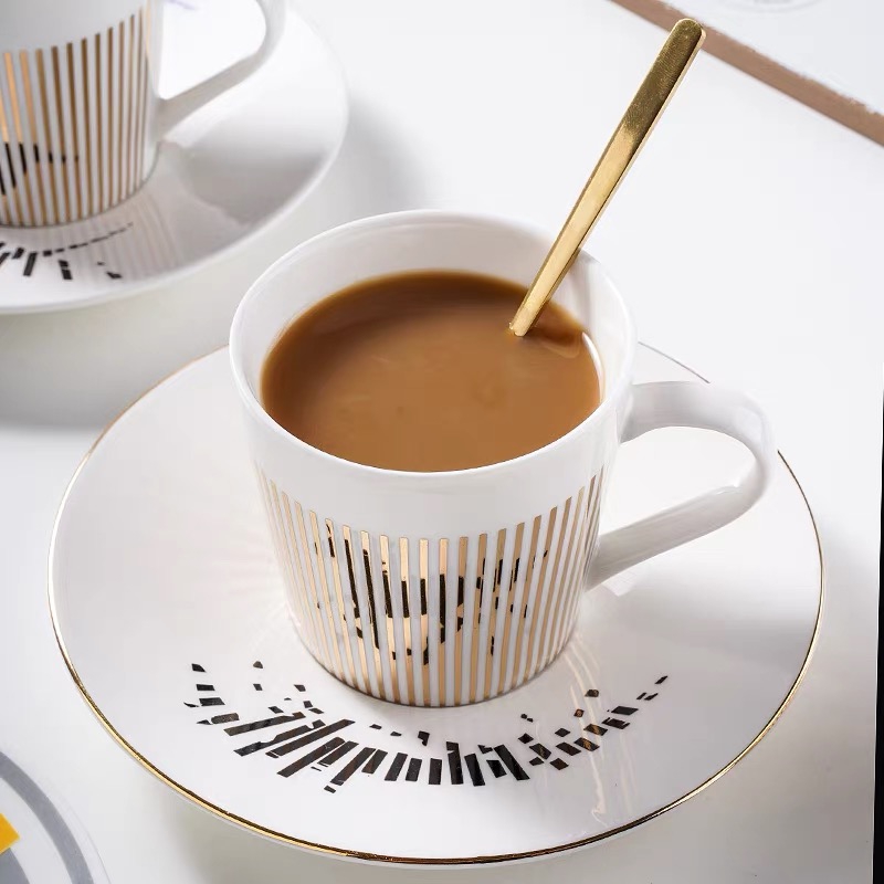 Ceramic Golden Dynamic Reflection Mirror  Cups Espresso Coffee Cup and Saucer