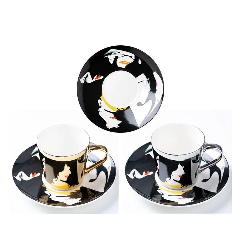 Custom Reflection Coffee Plate Ceramic Tea Coffee Espresso Gold Silver Mirror Mug Ceramic Tea Cup