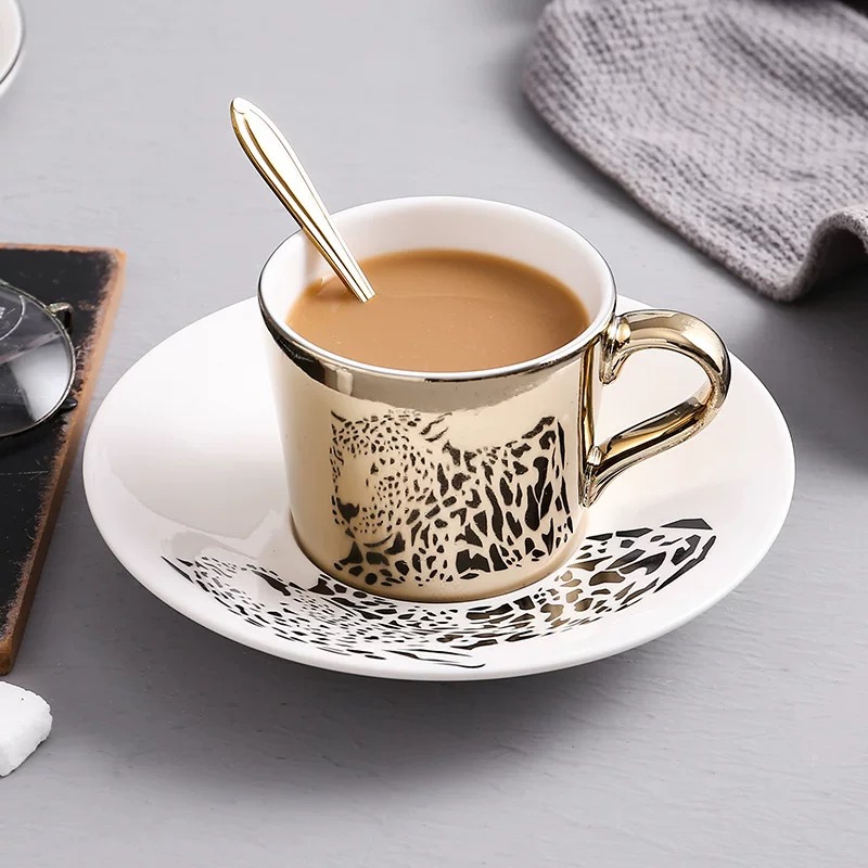Custom Logo Nordic Simple Style Gold Handle Porcelain    Sublimation Ceramic Reflection Mirror  Coffee Drinking Mug Cup