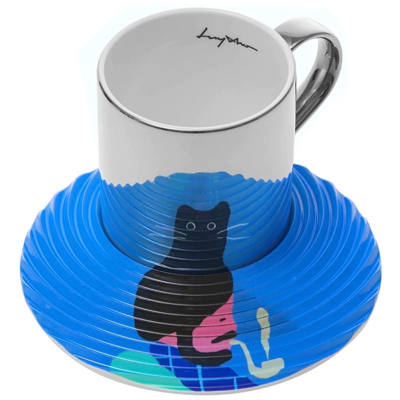 Funny Design Dynamic 3D Reflection Animal Mirror Gift Set Ceramic Coffee Tea Cups Set With Saucer