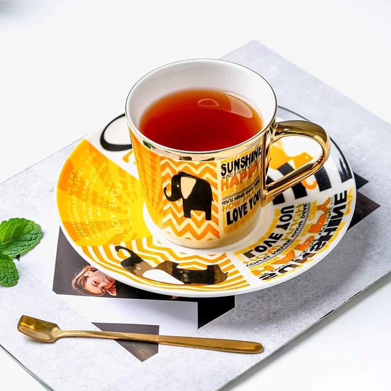 Gold Cafe Used Porcelain Coffee Mug Cup Custom Ceramic Espresso Cups and Saucer