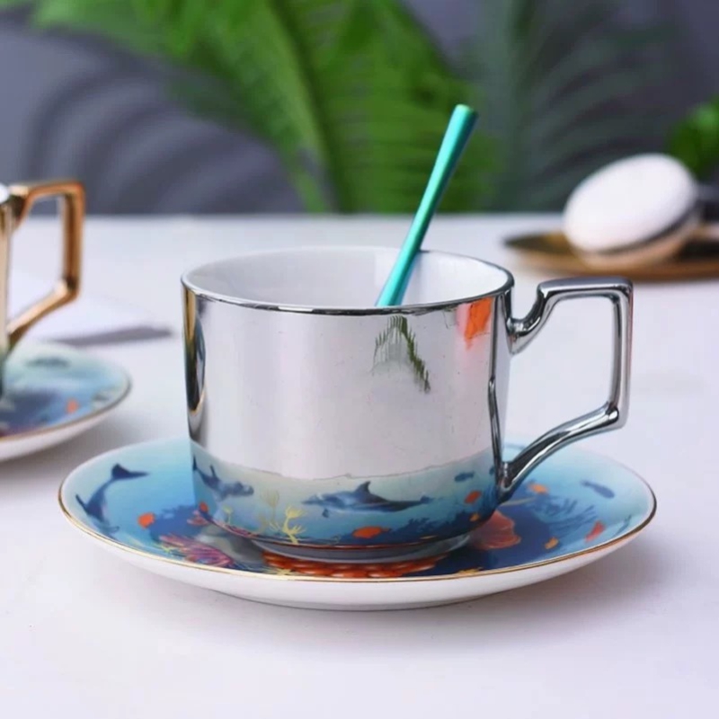 Gold Rim Porcelain Tea Sets Dynamic Reflection  Ceramic Mug   Interesting Mirror Coffee Cup 
