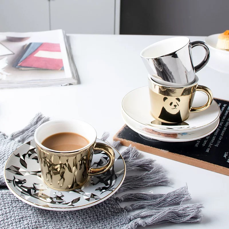 Wholesale Silver and Gold Ceramic  Golden Dynamic Flying Bird Decoration Espresso Reflection Mirror Coffee Cup