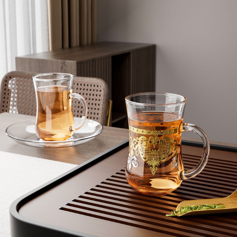 Transparent Gold  Glass Water Cup with Handle Simple Turkish Style Glass Black Tea  Cups