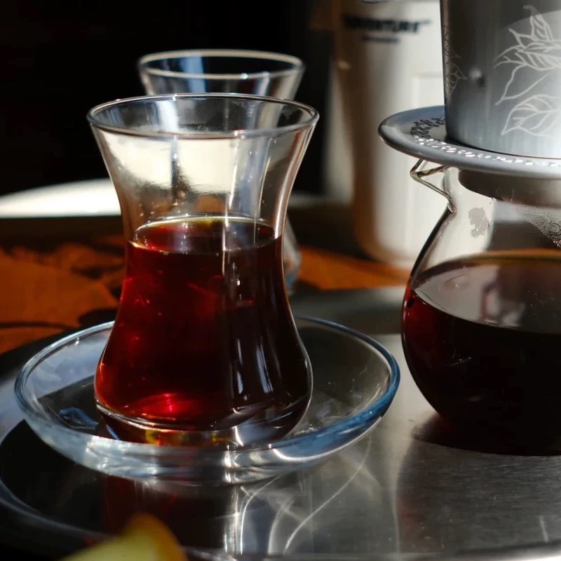 Turkish Black Tea Cup & Saucer Set Machine Blown Gourd Shape  Glass Coffee Cups 