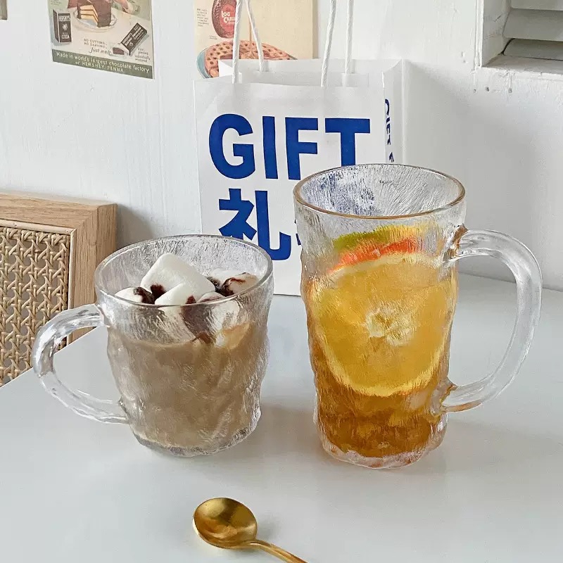 Glacier Pattern Glass Drinking Coffee Cup with Handle for Fruit Juice and Tea Beer Frozen Drink