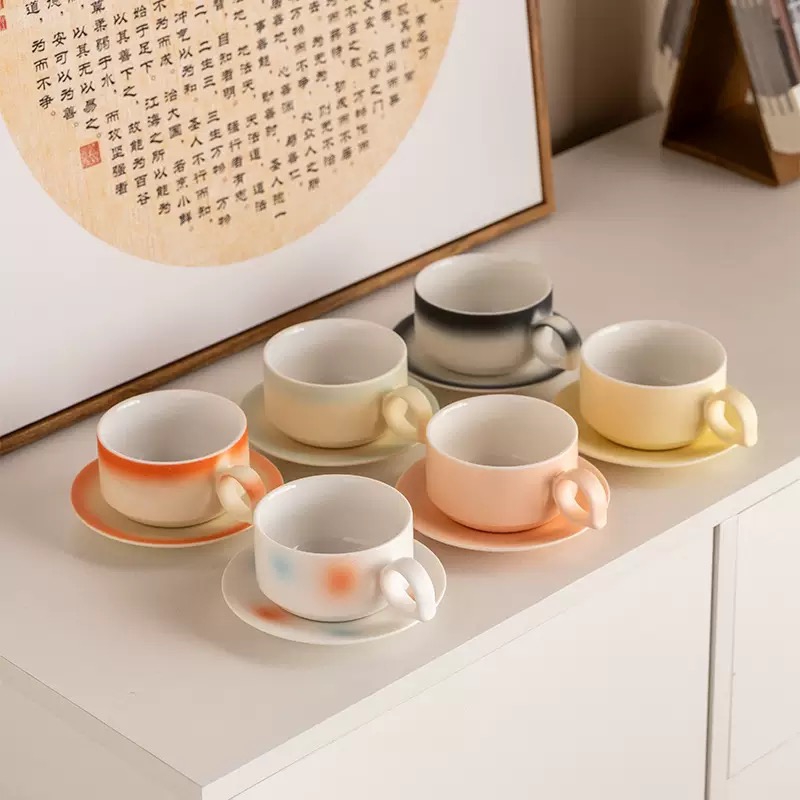 Wholesale Simple Logo White Ceramic Coffee Mugs & Saucers Set