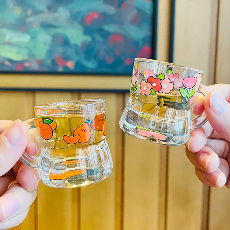 Transparent Glass Printed Beverage Drinking Cup Handle Quicksand Juice Milk Tea Cup Borosilicate Glass Cup
