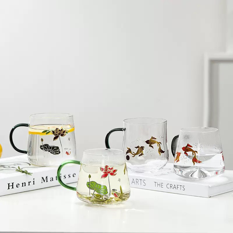 Cherry Blossom Color Changing Glass Cups Magical Blooming Drinking Glass Mug With Handle