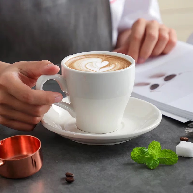 White Ceramic Porcelain Cappuccino Espresso Coffee Cup and Saucer