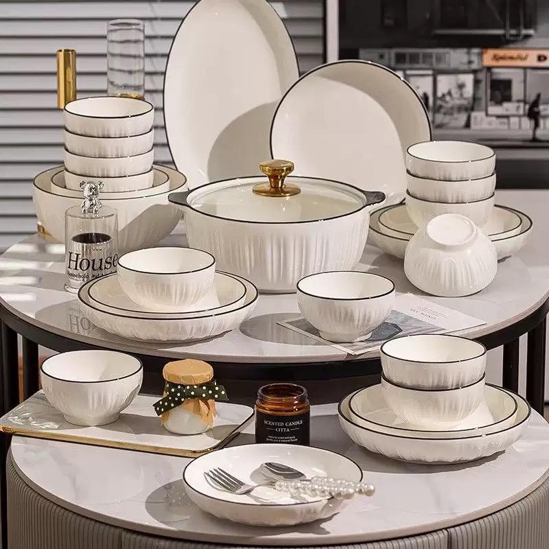 Wholesale White Porcelain Plate,Nordic Style Luxury European Kitchen Full White Porcelain Ceramic Tableware Set