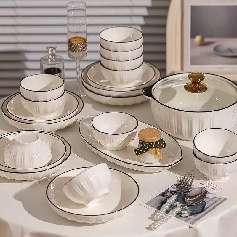 White Bowl Plate Set Modern-Style Ceramic   Sustainable Glazed Hotel Dining Hall Soup Dish Tableware Dinnerware Set