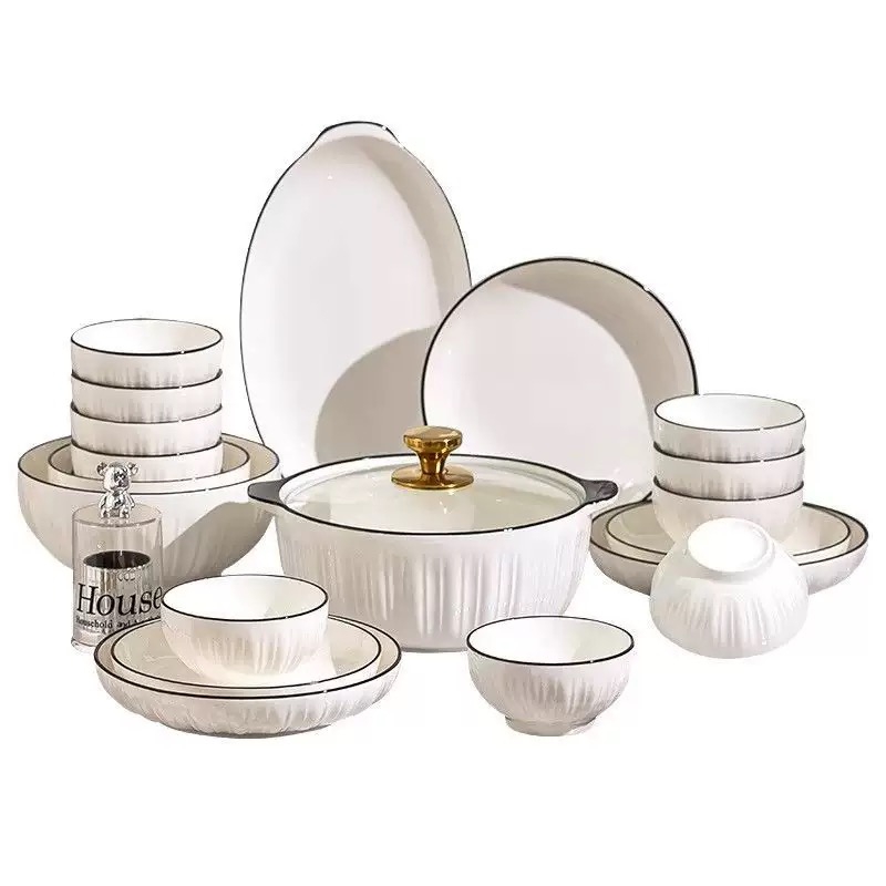 Ceramic Dinner Plate Bowl Line White Bone China Tableware Dinnerware